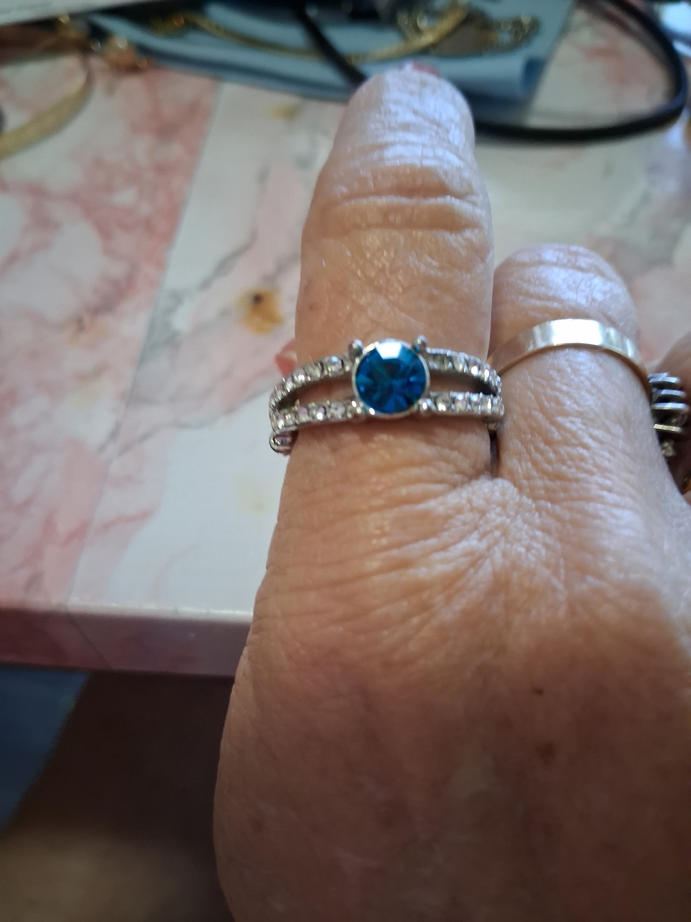 Source Unknown Blue and Silver Crystal Double-Band Ring